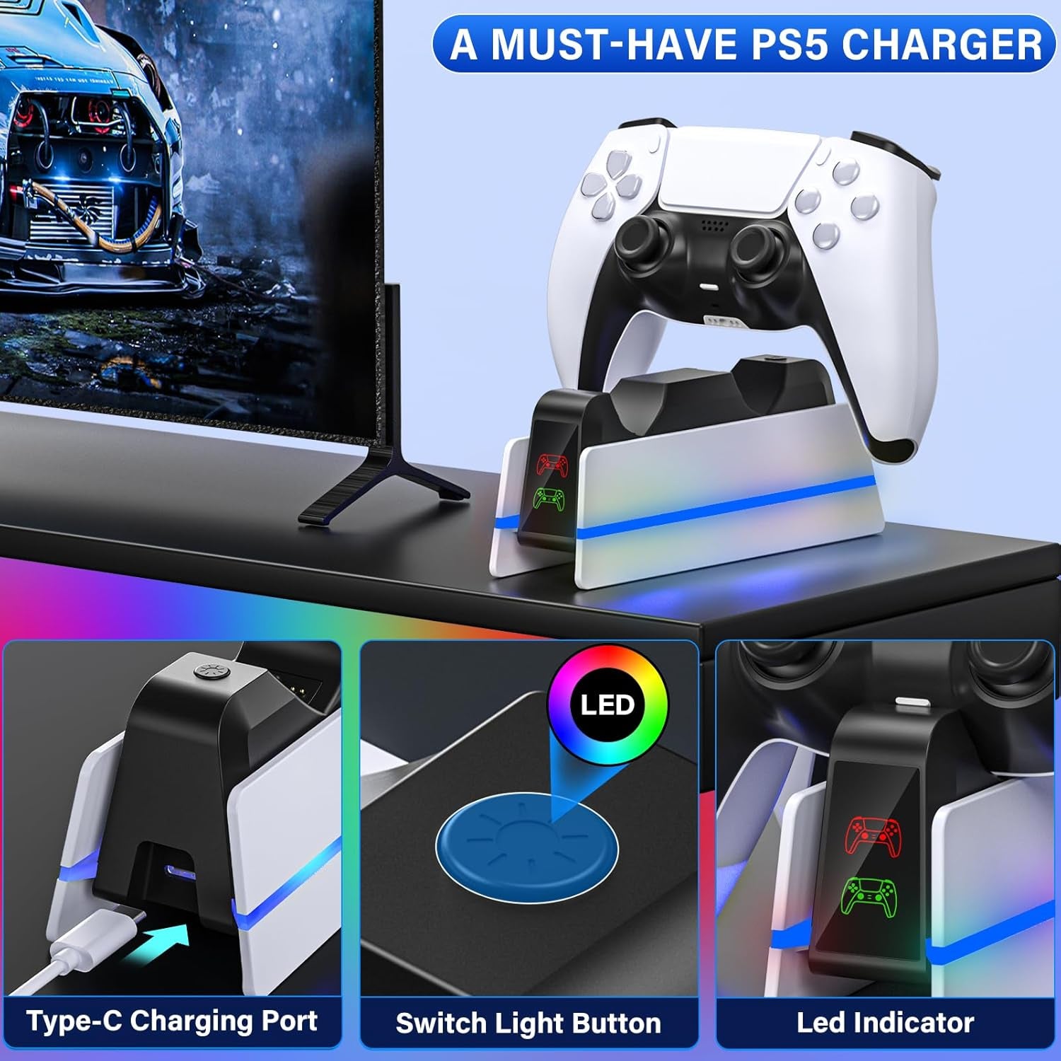 Station De Charge Manette PS5 — 9 Couleurs LED, Charge Rapide
