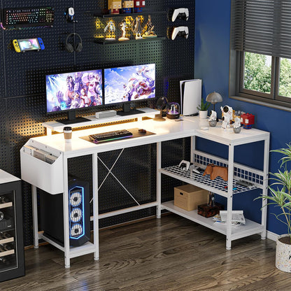 Bureau Gaming En L Blanc 49,6 Po — Prises, LED, Support Écran