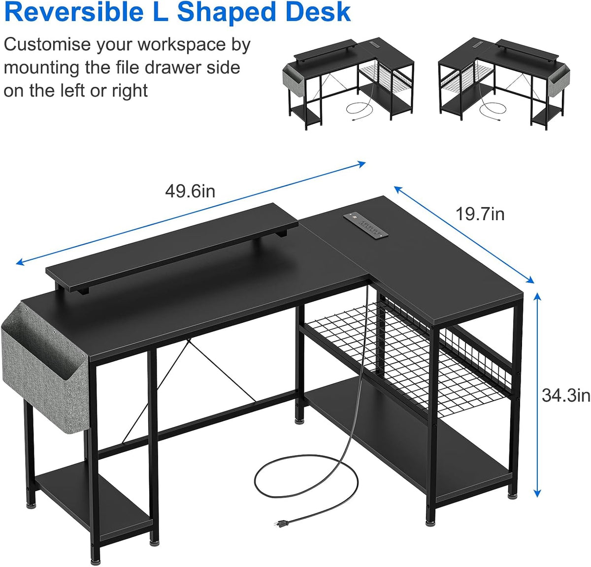 Bureau Gaming En L Noir — Prises Intégrées, LED, Tablettes De Rangement