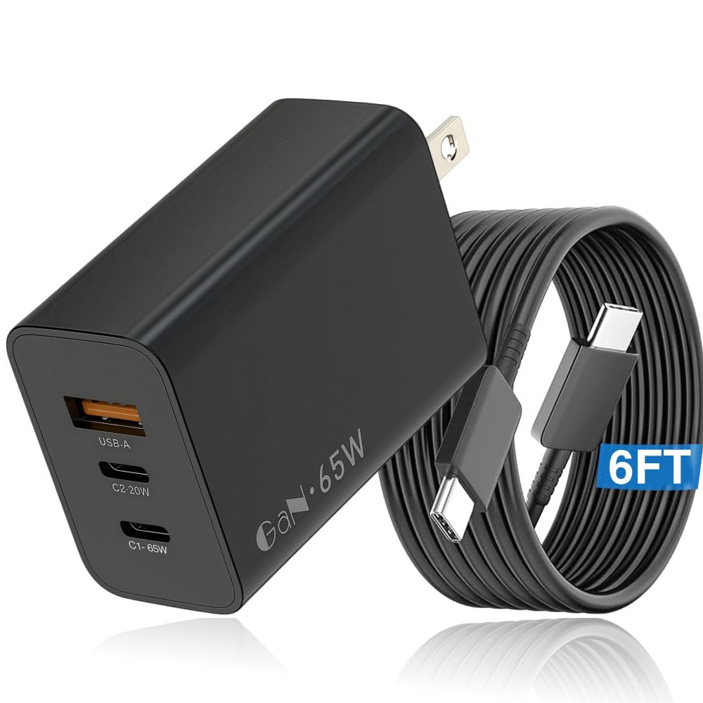 Chargeur 65 W GaN 3 ports + câble USB-C 6 pi, téléphone et portable