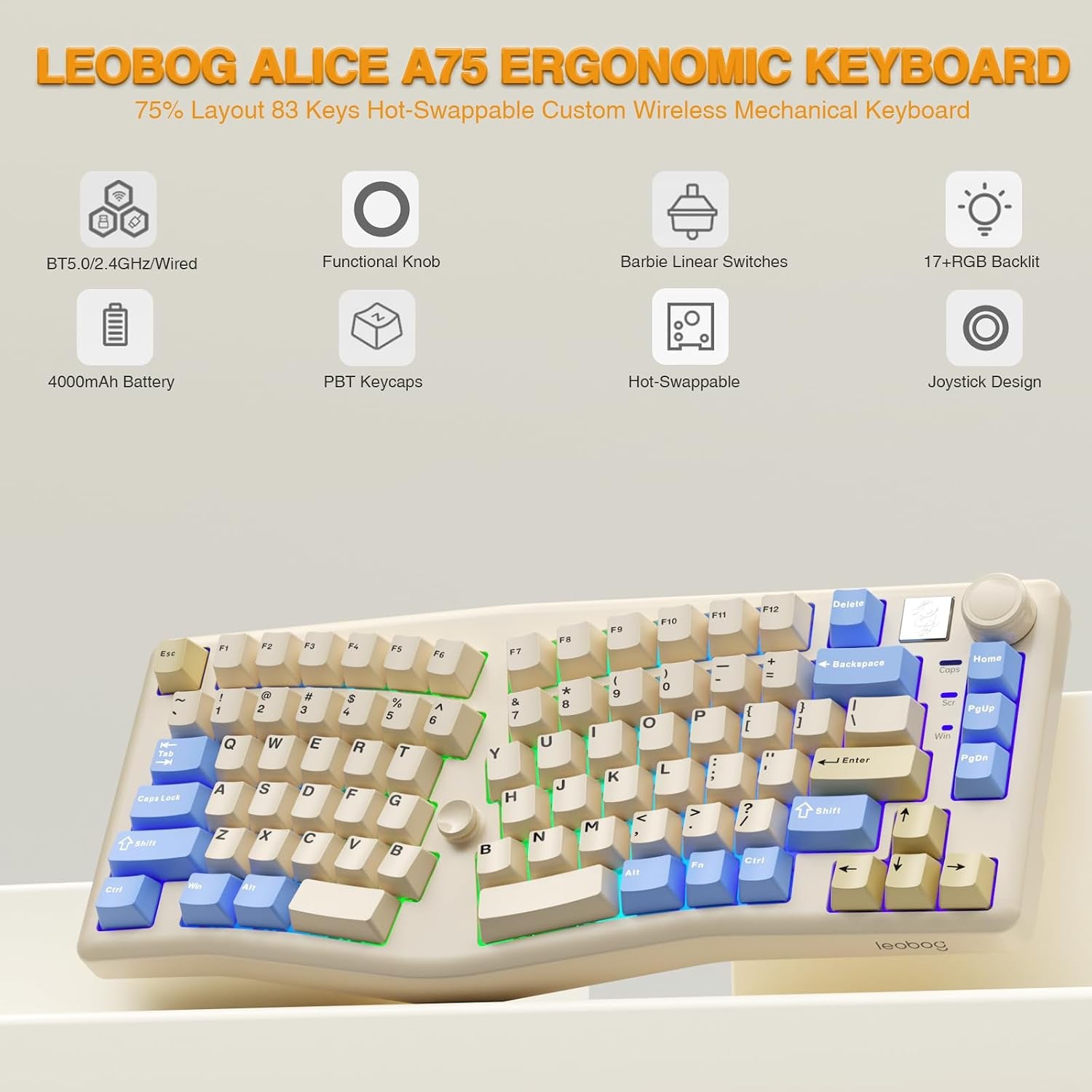 Clavier Ergonomique Alice A75 Sans Fil — Joystick Et Molette, 75 %, RGB