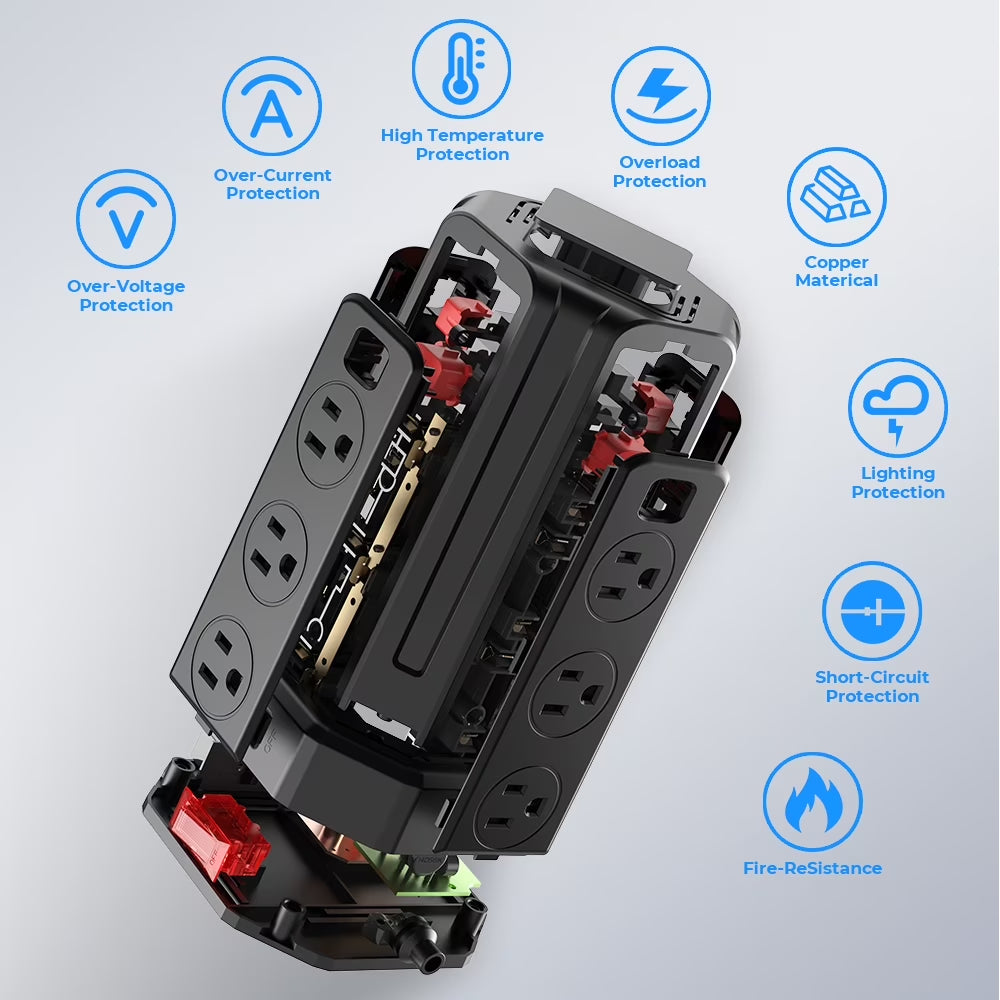 Power Strips Tower 12 Outlets Surge Protector with 4 USB Port and 10Ft Extension Cord, Black