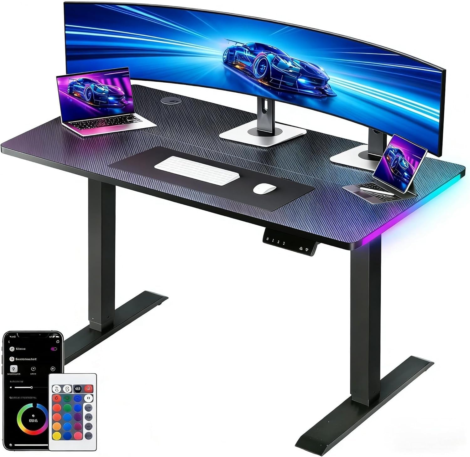 Bureau assis-debout électrique GTPLAYER, LED RGB, hauteur ajustable