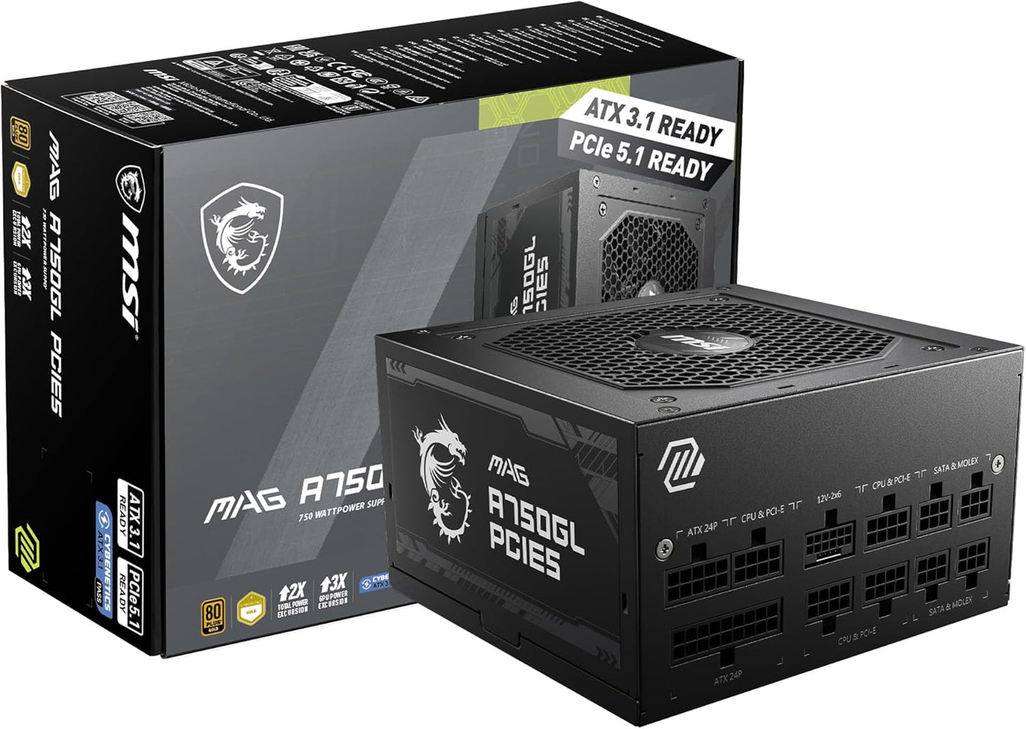 MSI MAG A750GL PCIE5, Fully Modular Compact Gaming 750W Power Supply, 80+ Gold, ATX 3.1 & Pcie 5.1 Ready, Native Dual-Color 12V-2X6 Cable, 10 Year Warranty