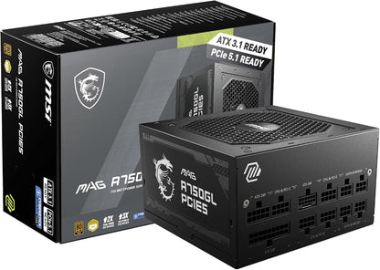 MSI MAG A750GL PCIE5, Fully Modular Compact Gaming 750W Power Supply, 80+ Gold, ATX 3.1 & Pcie 5.1 Ready, Native Dual-Color 12V-2X6 Cable, 10 Year Warranty
