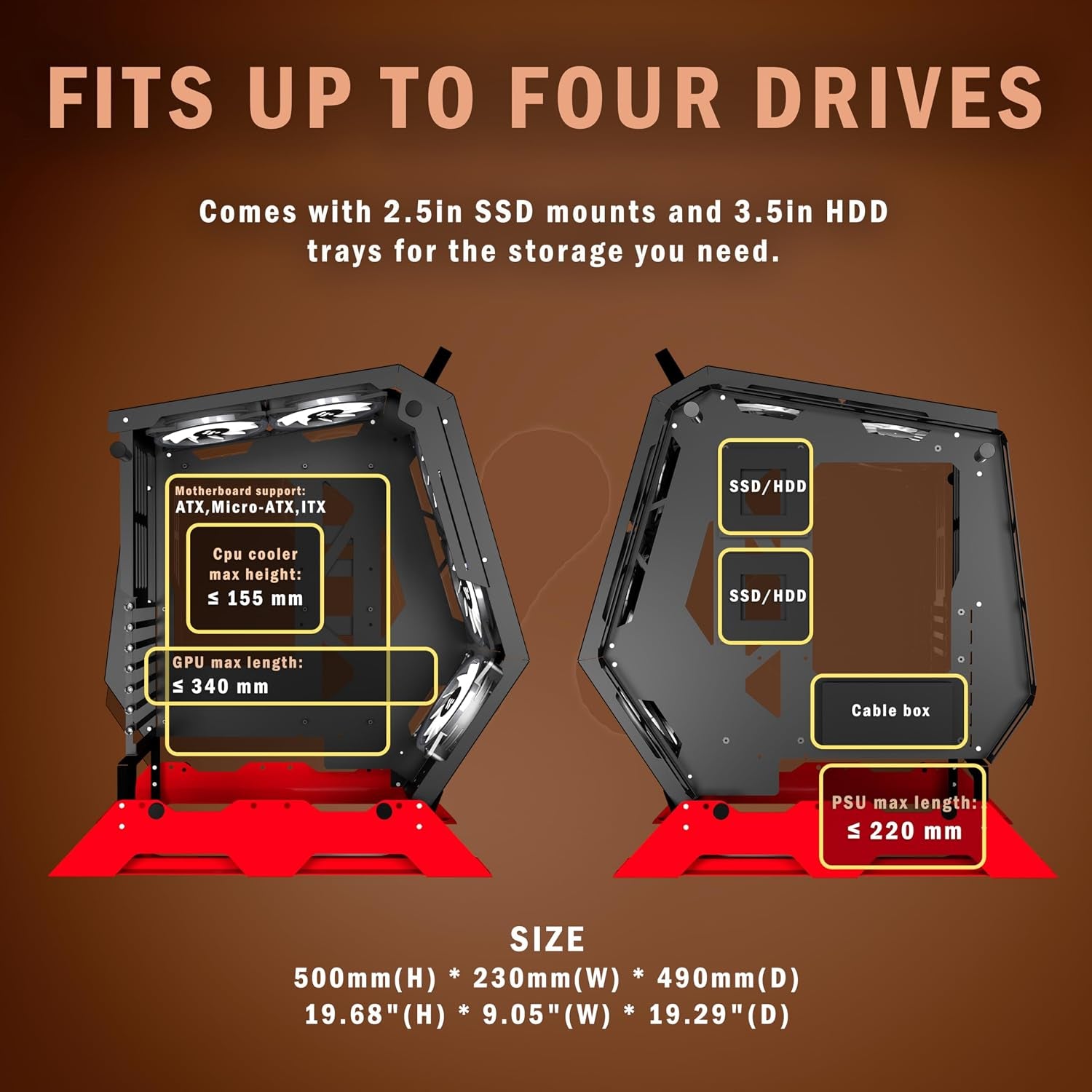 Open Frame Unique Gaming PC Case, Creative Irregular Shape, Thick Metal Frame, 7 PWM ARGB Fans, Max Airflow ATX/MATX Gaming Computer,C570 (Red)