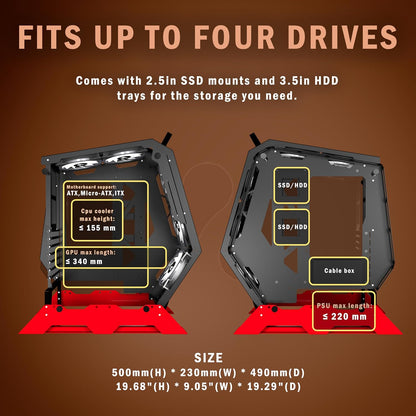 Open Frame Unique Gaming PC Case, Creative Irregular Shape, Thick Metal Frame, 7 PWM ARGB Fans, Max Airflow ATX/MATX Gaming Computer,C570 (Red)