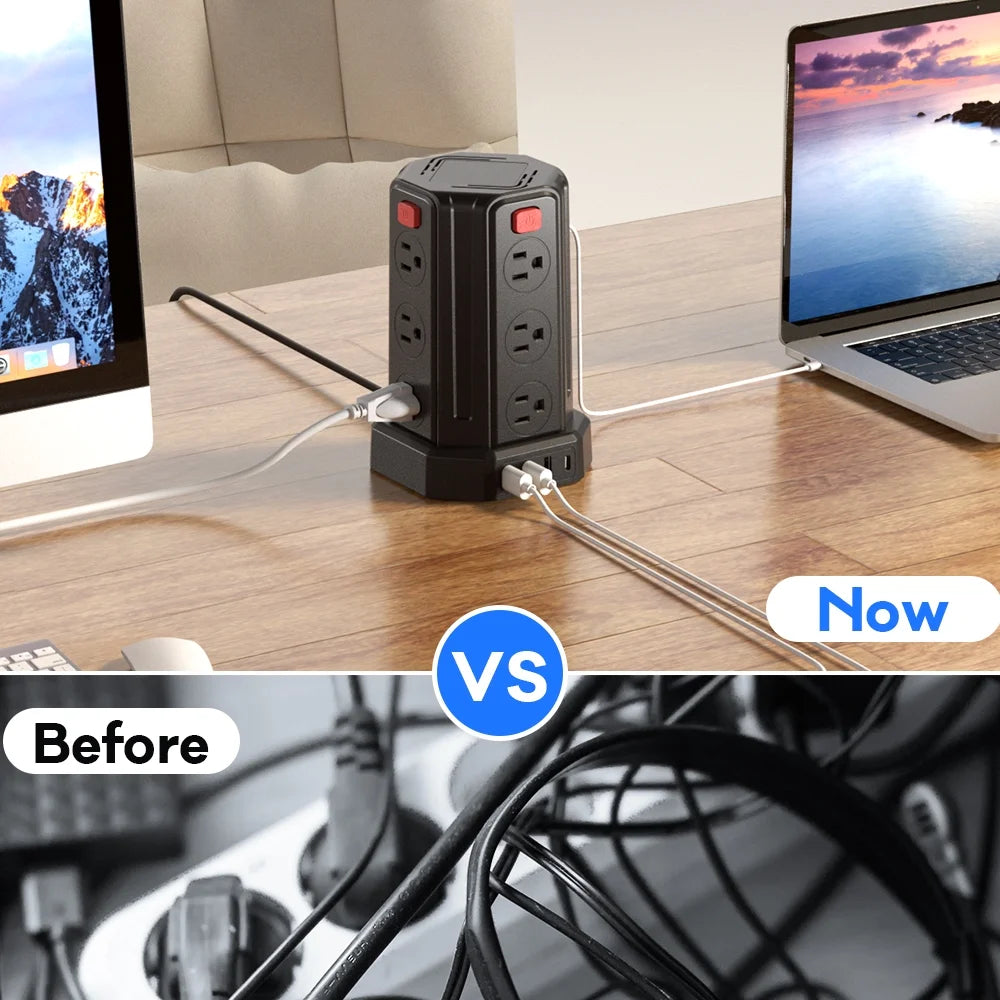 Power Strips Tower 12 Outlets Surge Protector with 4 USB Port and 10Ft Extension Cord, Black