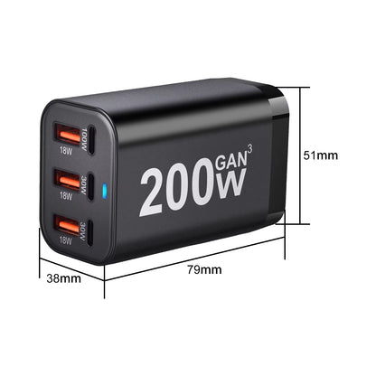 USB C Fast 200W 6-Port Charging Fast Gan Charger Power Adapter for Iphone 14/13/12 Series, Samsung Galaxy S23/S22/S21