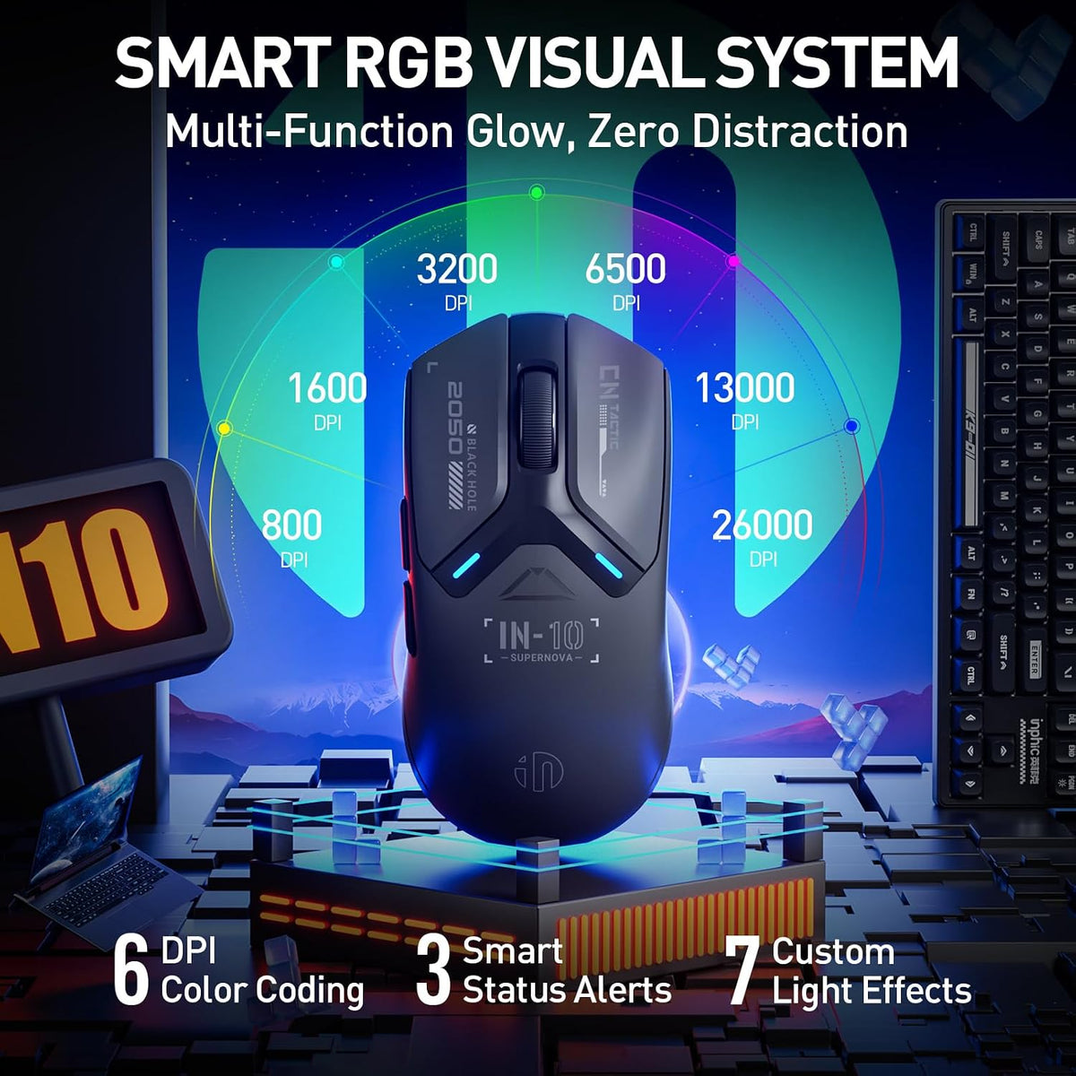 Souris Gaming  IN10P Sans Fil — Ultra-Légère, Tri-Mode