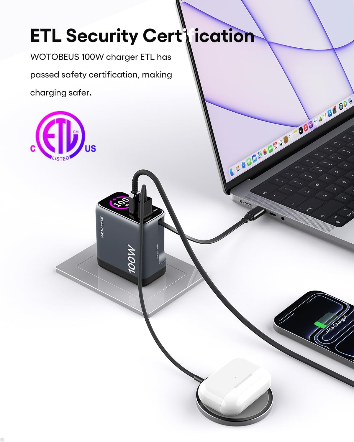 Chargeur 100 W Gan+ Écran Tactile — Câble USB-C Rétractable Intégré