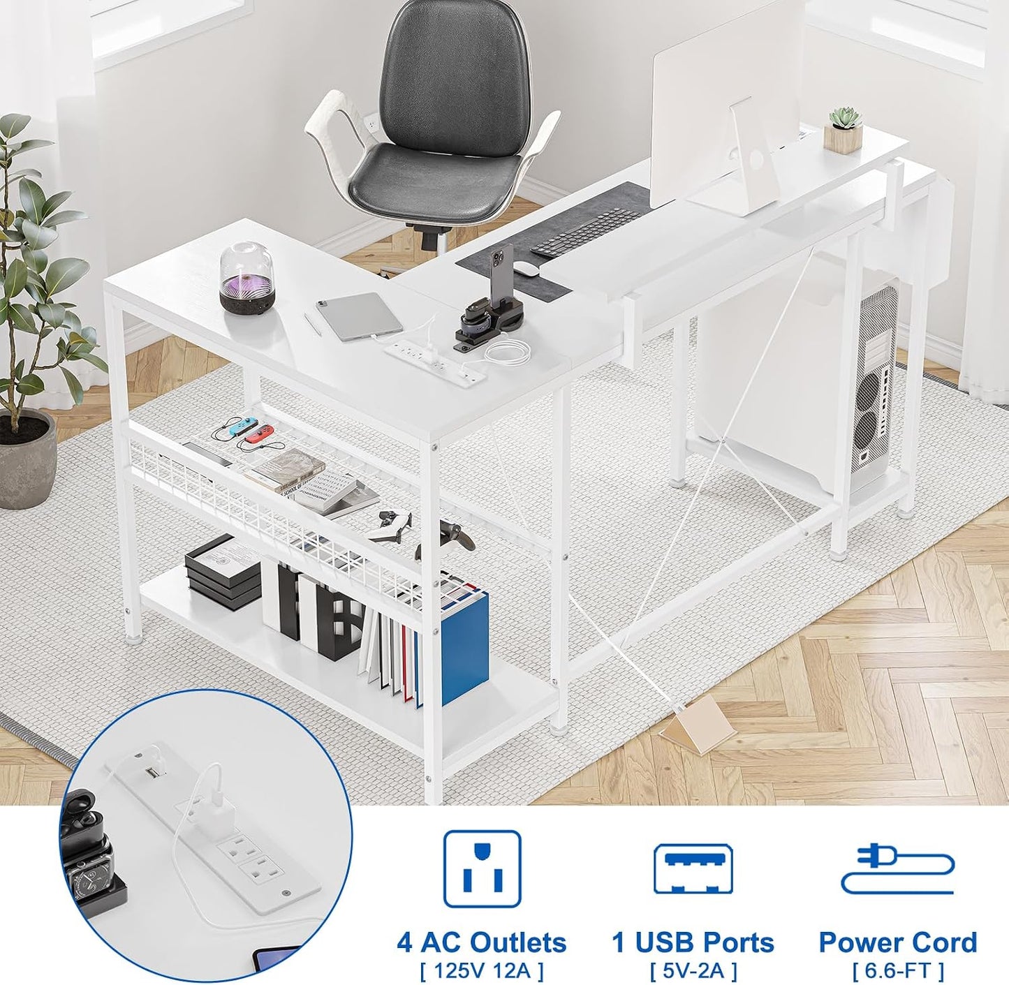 Bureau Gaming En L Blanc 49,6 Po — Prises, LED, Support Écran