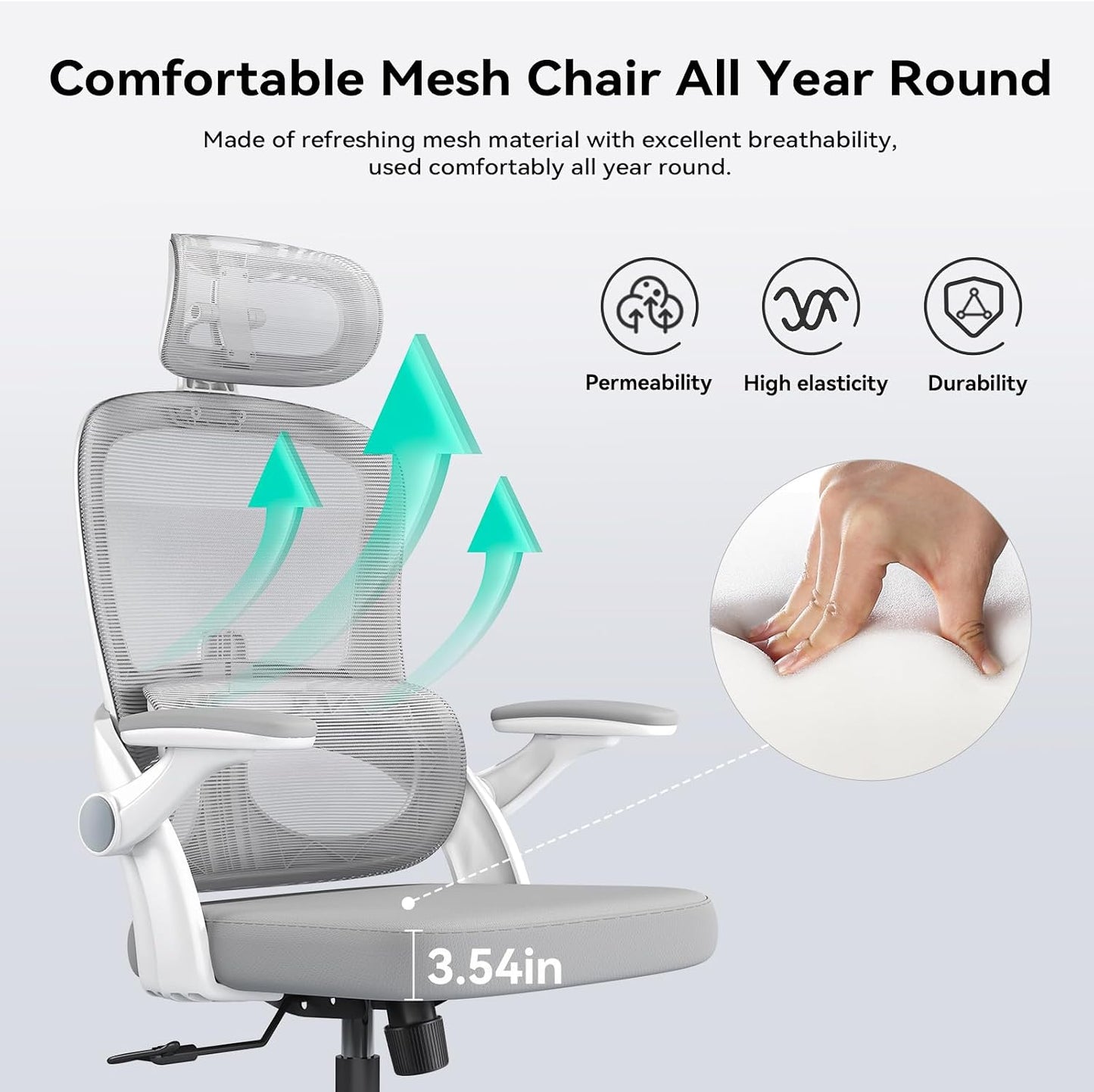 M102C Ergonomic Office Chair,Adjustable Lumbar,3D Armrests,White